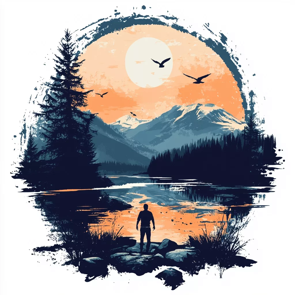 Illustration eines Mannes am See vor Bergpanorama im Abendlicht — Sinnbild für Rückblick und Aufbruch (KI-generiertes Bild)