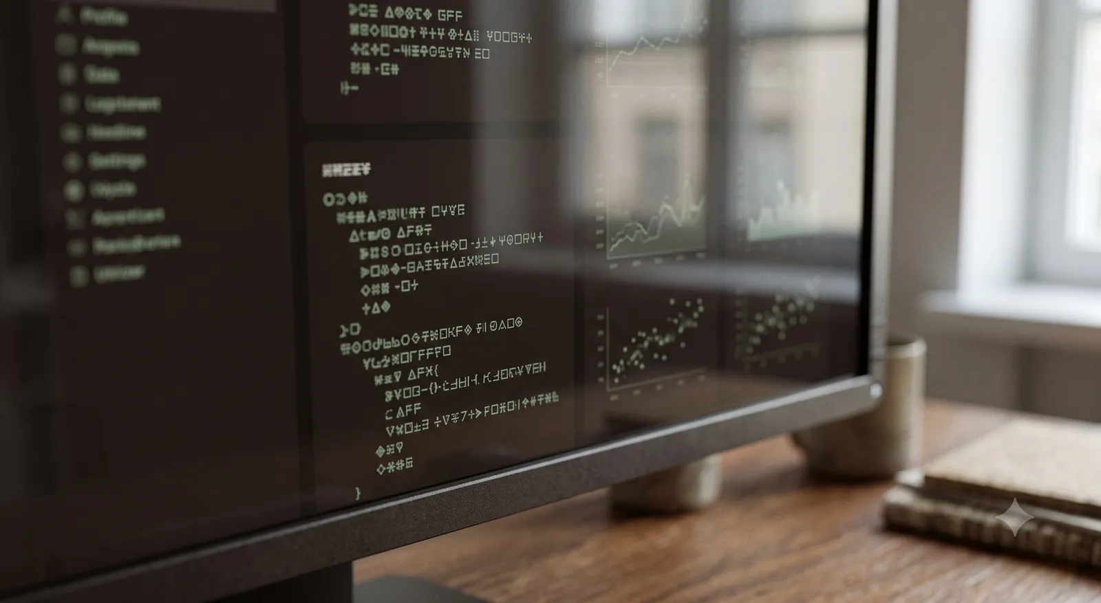 Close-up of a monitor showing an abstract dashboard, on a wooden desk.