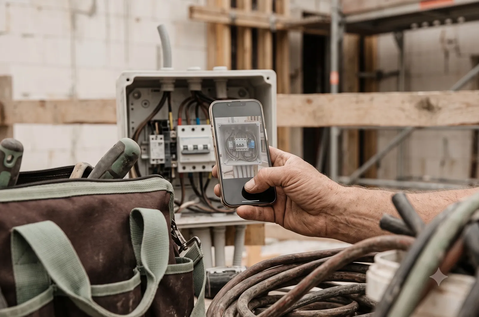 Eine Hand fotografiert mit dem Smartphone einen Zählerschrank auf einer Baustelle, daneben Werkzeugtasche und Kabel.