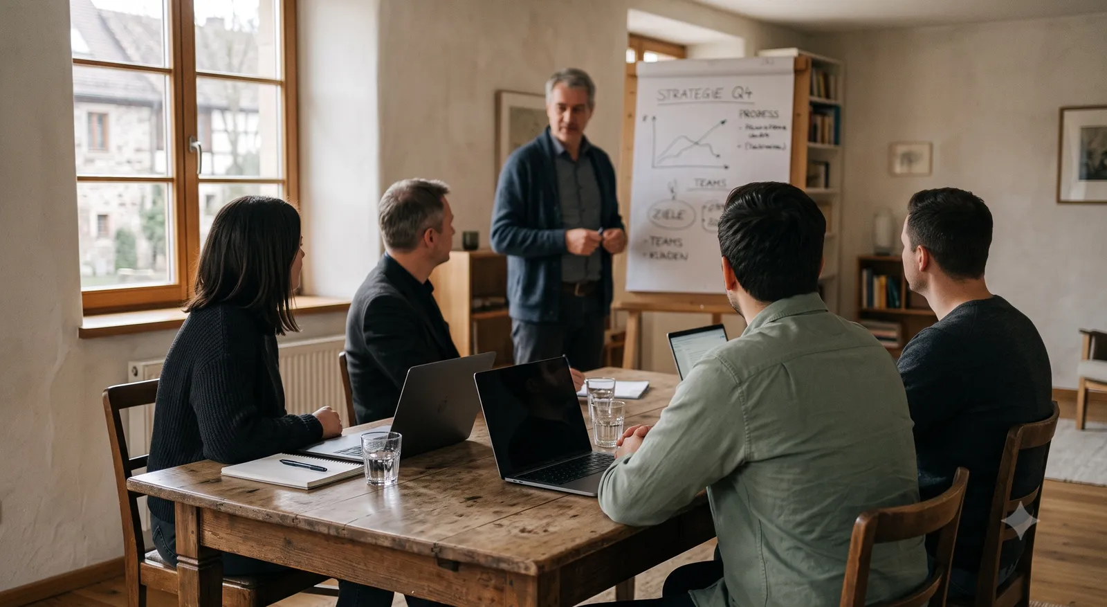 Kleine Gruppe an einem Tisch mit Laptops in einem hellen Besprechungsraum, eine Person erklärt am Flipchart — illustrative Darstellung eines Inhouse-Workshops.